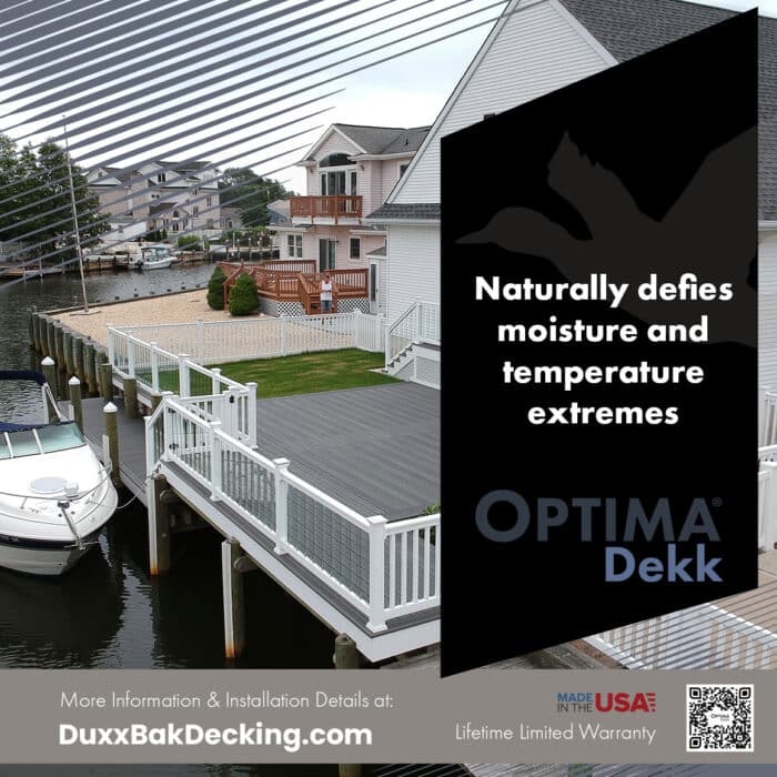Optima dekk naturally defies the elements. especially water. Image showing optima dekk in a residential waterway with dock and boat.