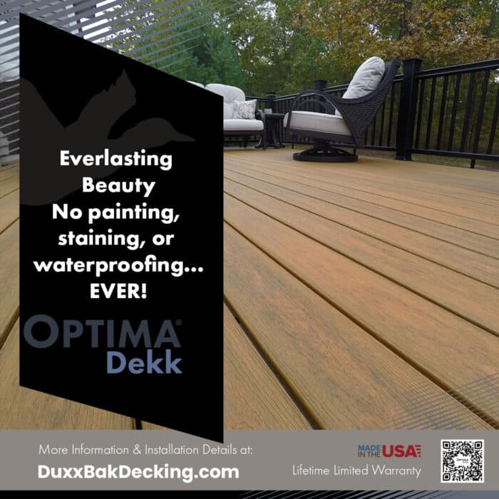 Optima Dekk's material science creates an everlasting beautiful finish, color retention, and no need to worry about staining or painting a deck ever again.