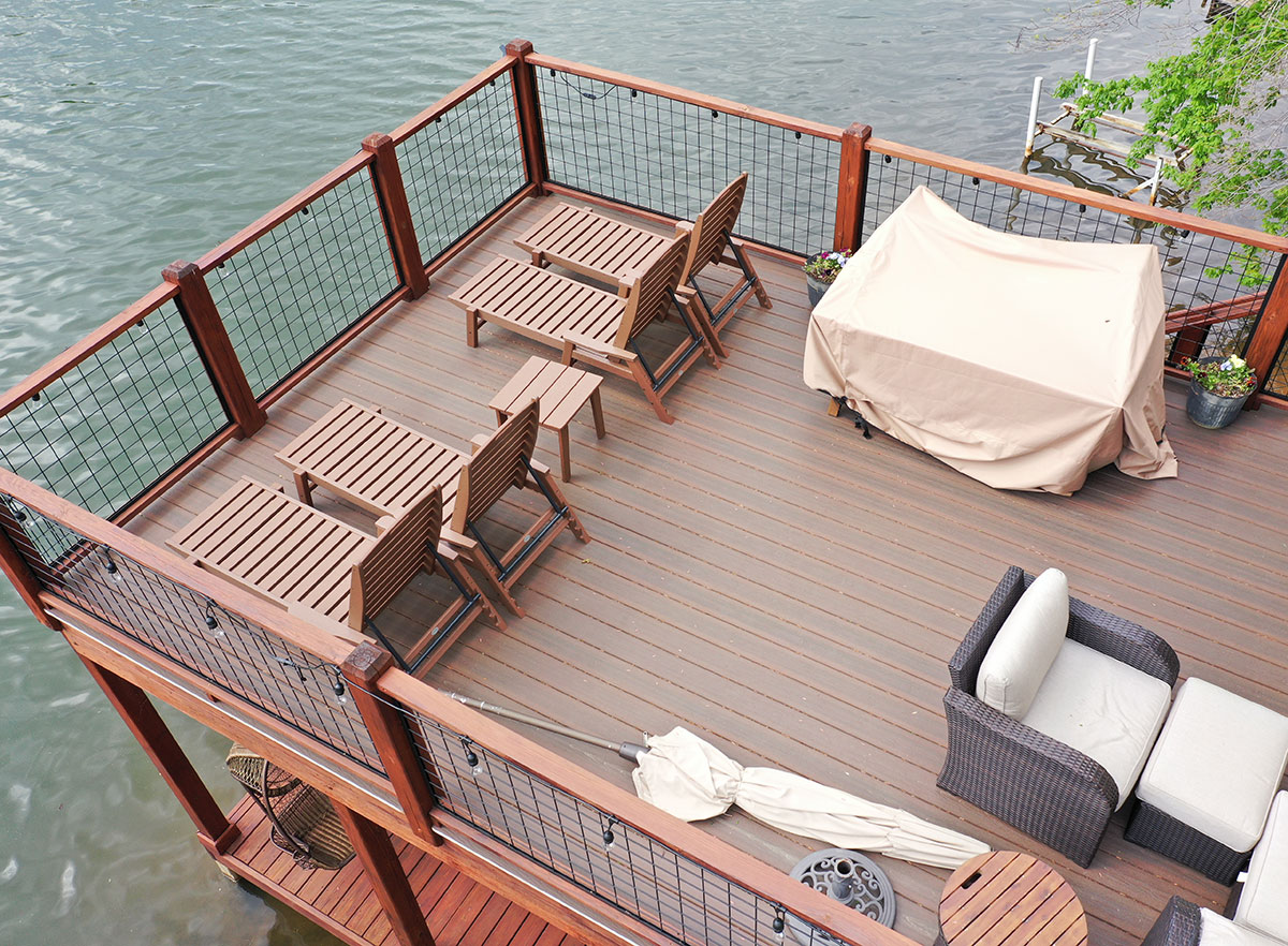 Image of overhead deck of a boating structure featuring DuxxBak Composite Decking.