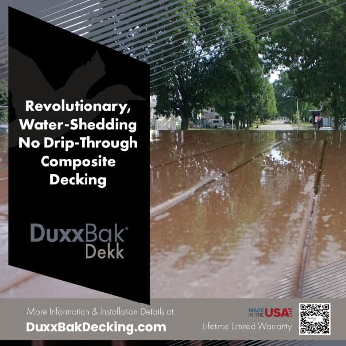DuxxBak Dekk is a revolutionary water-shedding composite decking.