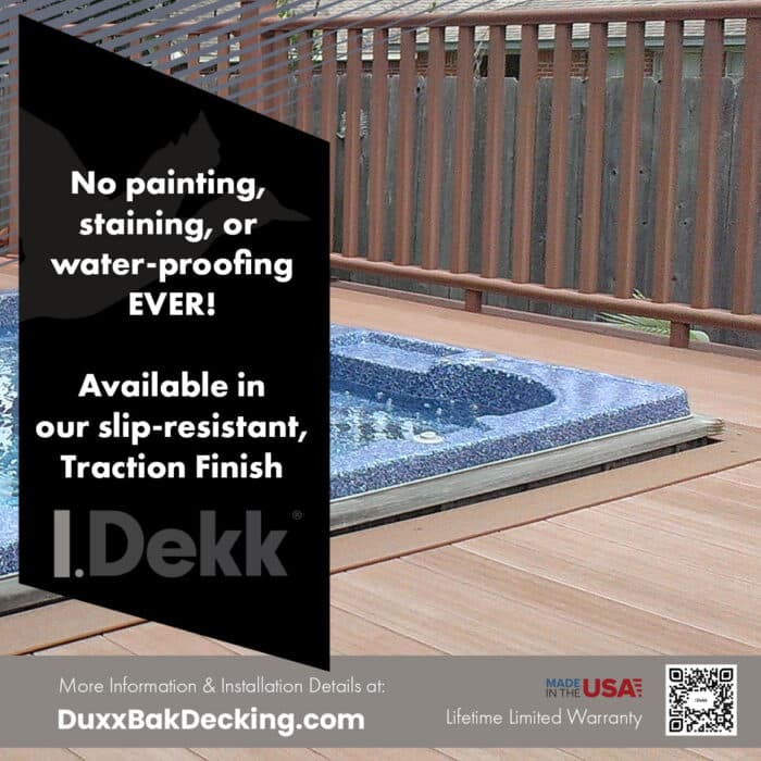 IDekk composite decking from DuxxBak Composite Decking requires no staining, painting, or waterproofing.