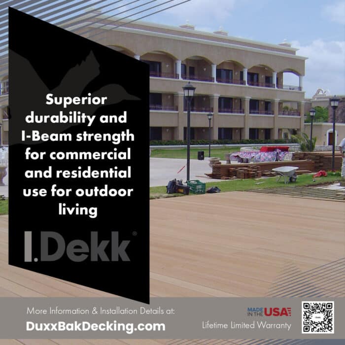 IDekk composite decking has durability and i-beam strength for commercial and residential applications.