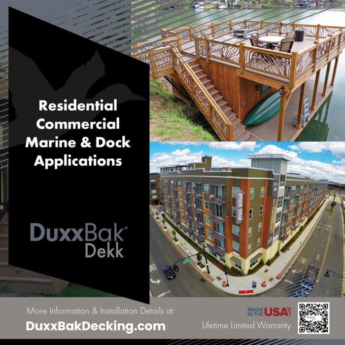 DuxxBak Dekk composite decking can be used for commercial, residential, marine or dock applications.