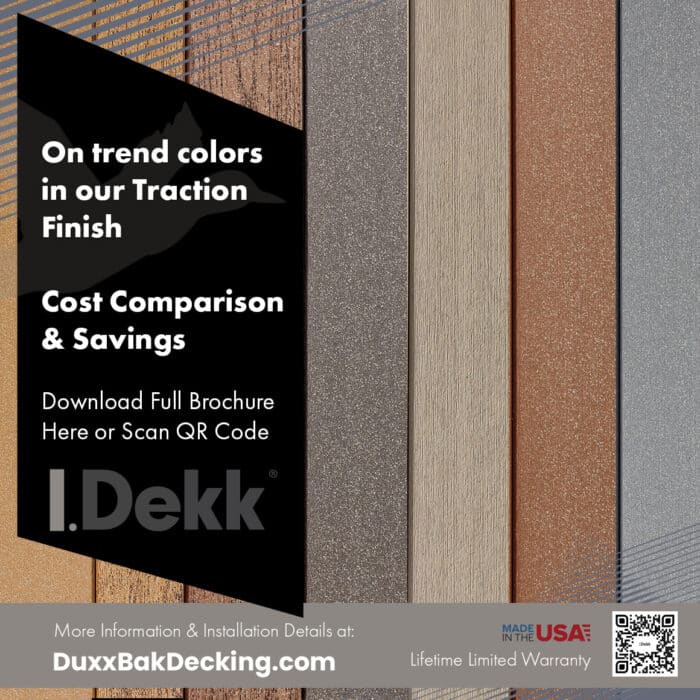 Idekk composite decking is available in current colors and in the Traction finish for anti-slip.