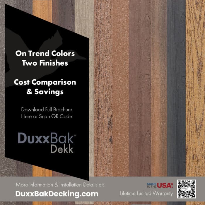 DuxxBak Dekk composite decking is available in on trend colors and the Armor Cap and Traction finishes.