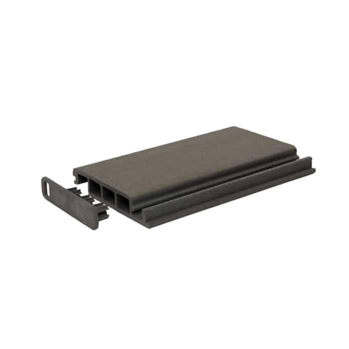 DuxxBak Dekk board profile image showing driftwood gray color view right angle with end cap application