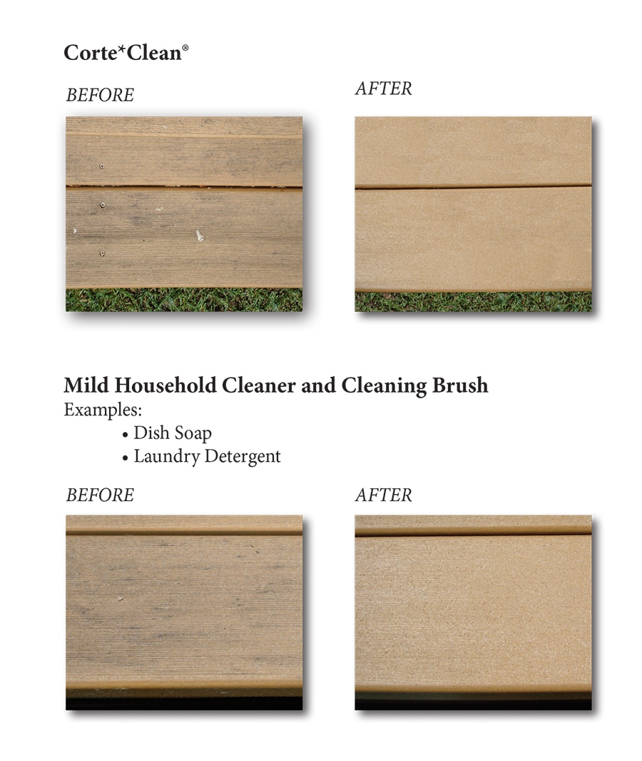 Image showing examples of diferent cleaning methods before and after of Duxxak Decking and CorteClean or other care methods.