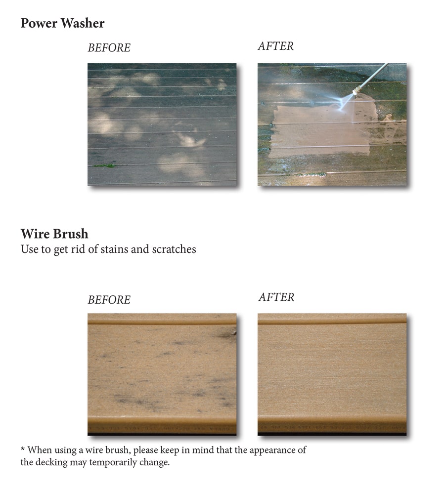 A second Image showing examples of diferent cleaning methods before and after of Duxxak Decking and CorteClean or other care methods.